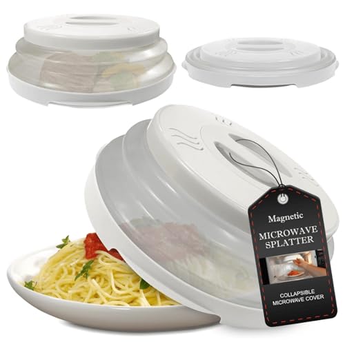 HOVER COVER Magnetic Microwave Splatter Cover 2.0, Collapsible 12-Inch BPA-Free Food Lid with Upgraded Magnets, Vented Plate Guard, Dishwasher Safe, Space-Saving Magnetic Storage - White - Image 1
