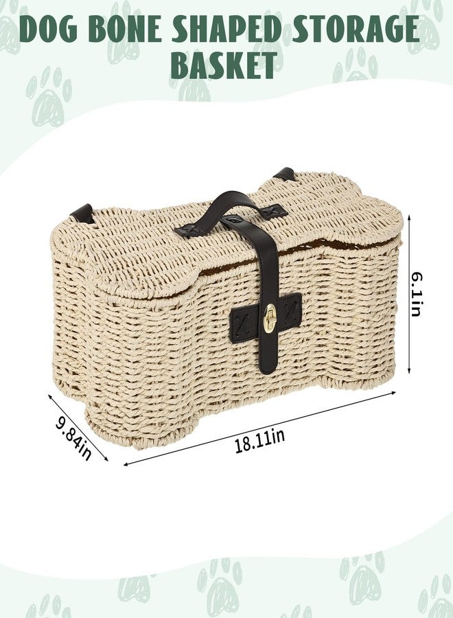 Hlimior Bone Shaped Storage Basket Large Dog Toy Basket with Lid and Handles Dog Toy Bin Wicker Woven Bone Pet Organizer for Storing Frisbee Blankets Treats Pet Supplies - Image 2