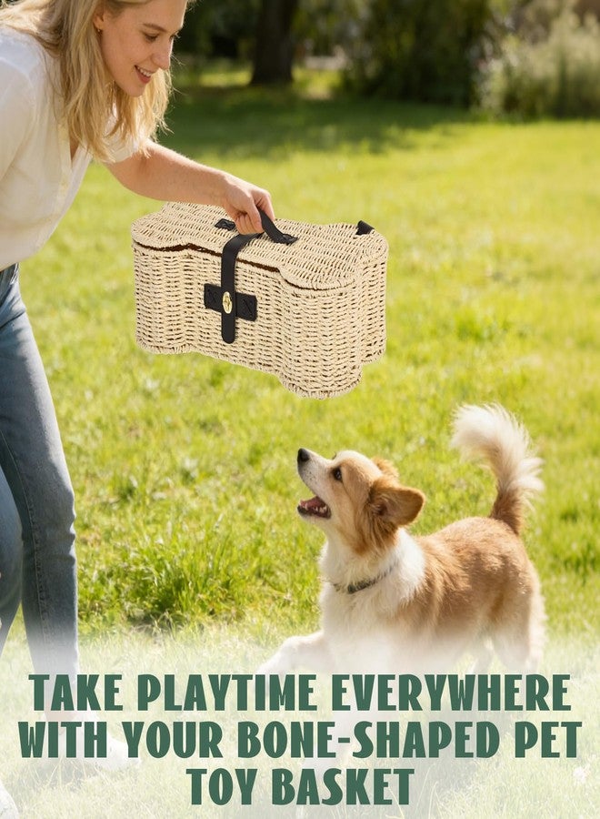 Hlimior Bone Shaped Storage Basket Large Dog Toy Basket with Lid and Handles Dog Toy Bin Wicker Woven Bone Pet Organizer for Storing Frisbee Blankets Treats Pet Supplies - Image 5