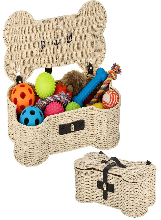 Hlimior Bone Shaped Storage Basket Large Dog Toy Basket with Lid and Handles Dog Toy Bin Wicker Woven Bone Pet Organizer for Storing Frisbee Blankets Treats Pet Supplies - Image 1
