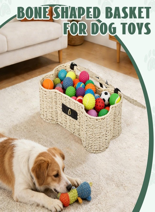Hlimior Bone Shaped Storage Basket Large Dog Toy Basket with Lid and Handles Dog Toy Bin Wicker Woven Bone Pet Organizer for Storing Frisbee Blankets Treats Pet Supplies - Image 4