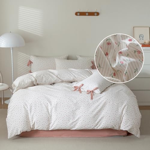 LifeTB Pink Flower Duvet Cover Queen Vintage Garden Style Girls Comforter Cover Pink Stripes Bedding Set Cotton Rose Flower Comforter Cover with 2 Bow Ties Pillowcases Botanical Cottagecore Duvet Cover Set - Image 1