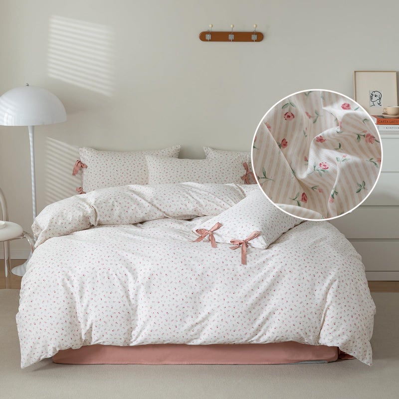LifeTB Pink Flower Duvet Cover Queen Vintage Garden Style Girls Comforter Cover Pink Stripes Bedding Set Cotton Rose Flower Comforter Cover with 2 Bow Ties Pillowcases Botanical Cottagecore Duvet Cover Set - Image 2