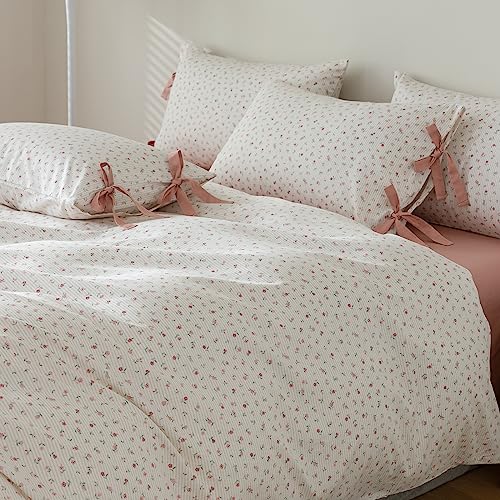 LifeTB Pink Flower Duvet Cover Queen Vintage Garden Style Girls Comforter Cover Pink Stripes Bedding Set Cotton Rose Flower Comforter Cover with 2 Bow Ties Pillowcases Botanical Cottagecore Duvet Cover Set - Image 3