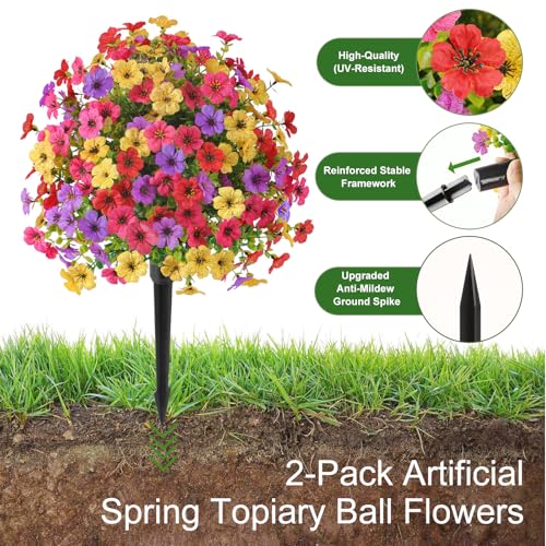 Alupssuc 2Pcs 20" Artificial Topiary Ball Flowers For Outdoors Planters, Spring Decoration with Spike, UV Resistant Faux Summer Plants, Fake Bushes Indoor Decor, Mix 4 Colors for Garden, Porch & Patio - Image 3