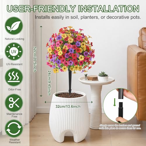 Alupssuc 2Pcs 20" Artificial Topiary Ball Flowers For Outdoors Planters, Spring Decoration with Spike, UV Resistant Faux Summer Plants, Fake Bushes Indoor Decor, Mix 4 Colors for Garden, Porch & Patio - Image 2