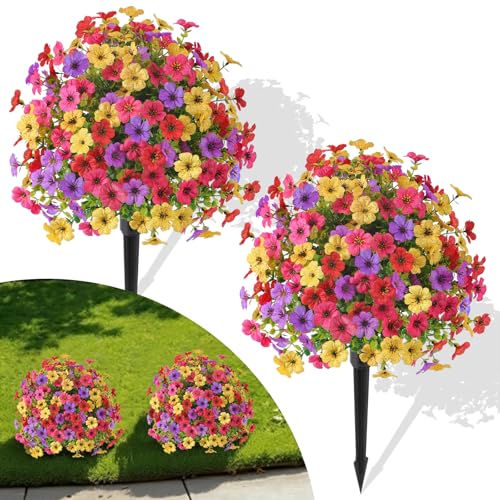 Alupssuc 2Pcs 20" Artificial Topiary Ball Flowers For Outdoors Planters, Spring Decoration with Spike, UV Resistant Faux Summer Plants, Fake Bushes Indoor Decor, Mix 4 Colors for Garden, Porch & Patio - Image 1