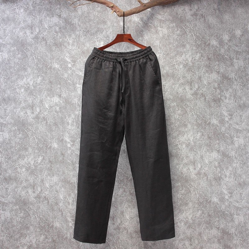 Linen Mens Pants Retro Chinese Style Mens Summer Loose Thin Straight Trousers Mens Cotton and Linen Casual Trendy Pants Black - Image 1