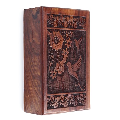 RGrandsons Handmade Wooden Keepsake Storage Box Jewelry Trinket Holder Organizer Floral Hand Carvings with Brass Inlay 8 inch (8.0x5.0 inch_RG0115) - Image 2