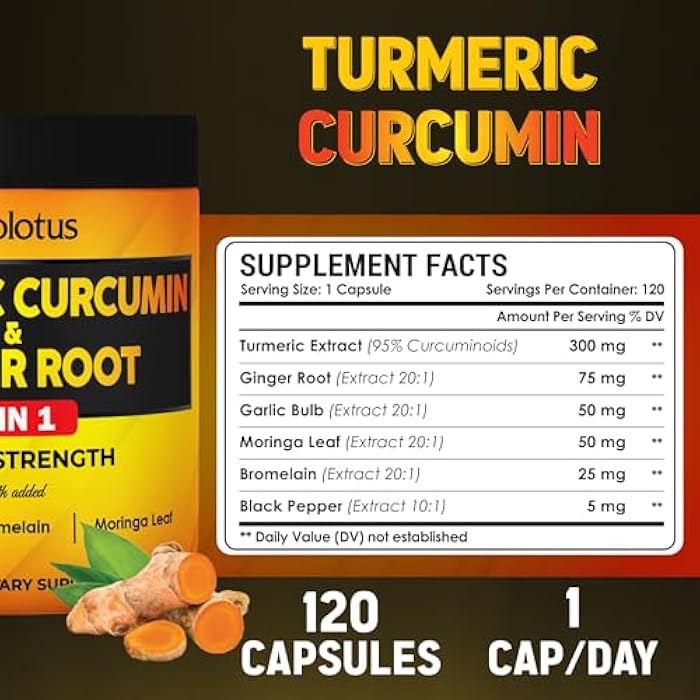 Zolotus 6 in 1 Turmeric Curcumin + Ginger Capsules, 95% Curcuminoids with Ginger, Garlic Bulb, Bromelain, Moringa, Black Pepper - 120 Capsules - Image 2