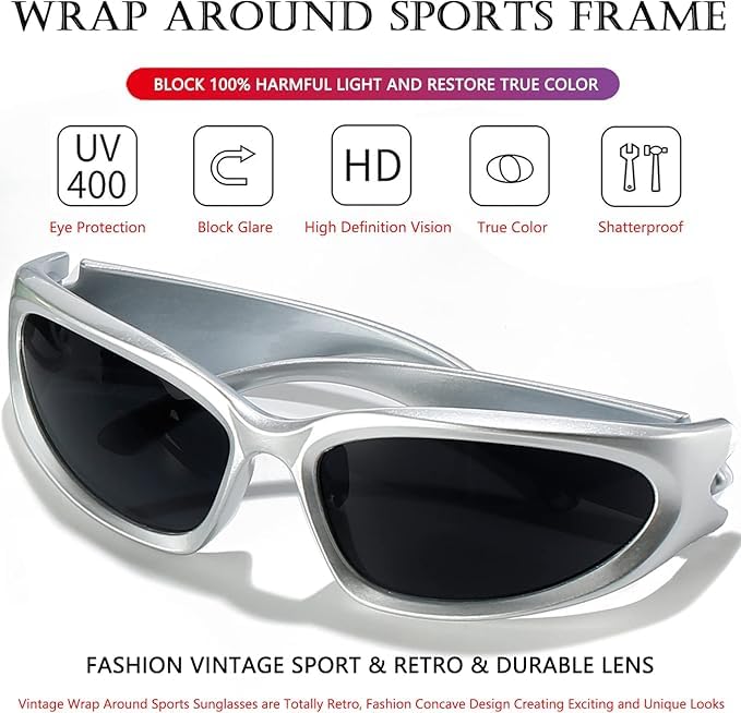 Dark Wost Wrap Around Y2K Sports Sunglasses for Men Women Fashion Oval Thick Frame Sun Glasses Stylish Sport Wrap Shades (Silver/Grey) - Image 5