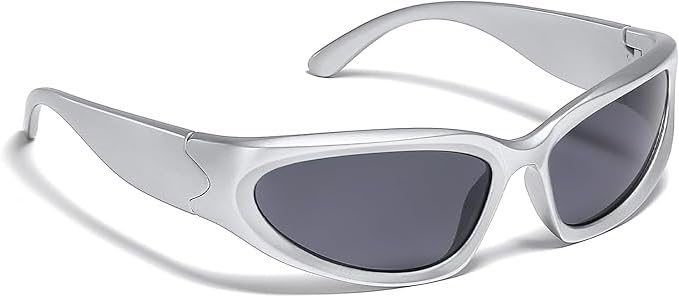 Dark Wost Wrap Around Y2K Sports Sunglasses for Men Women Fashion Oval Thick Frame Sun Glasses Stylish Sport Wrap Shades (Silver/Grey) - Image 2