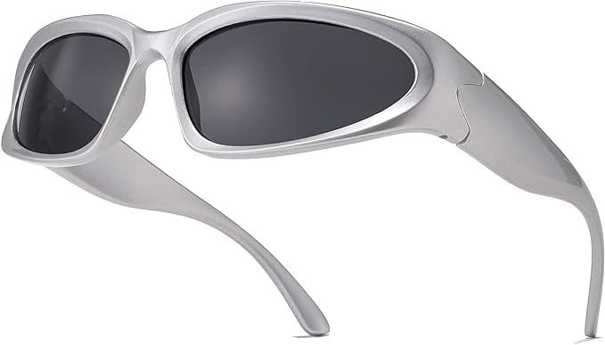 Dark Wost Wrap Around Y2K Sports Sunglasses for Men Women Fashion Oval Thick Frame Sun Glasses Stylish Sport Wrap Shades (Silver/Grey) - Image 1