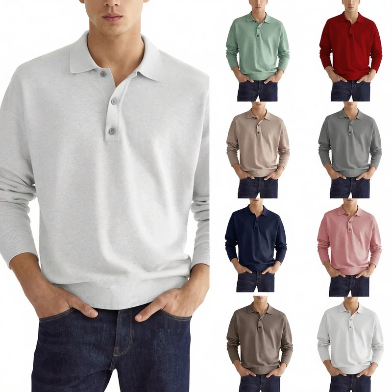Men's Long Sleeve Polo Shirt with Buttoned Collar Casual Top - Image 1