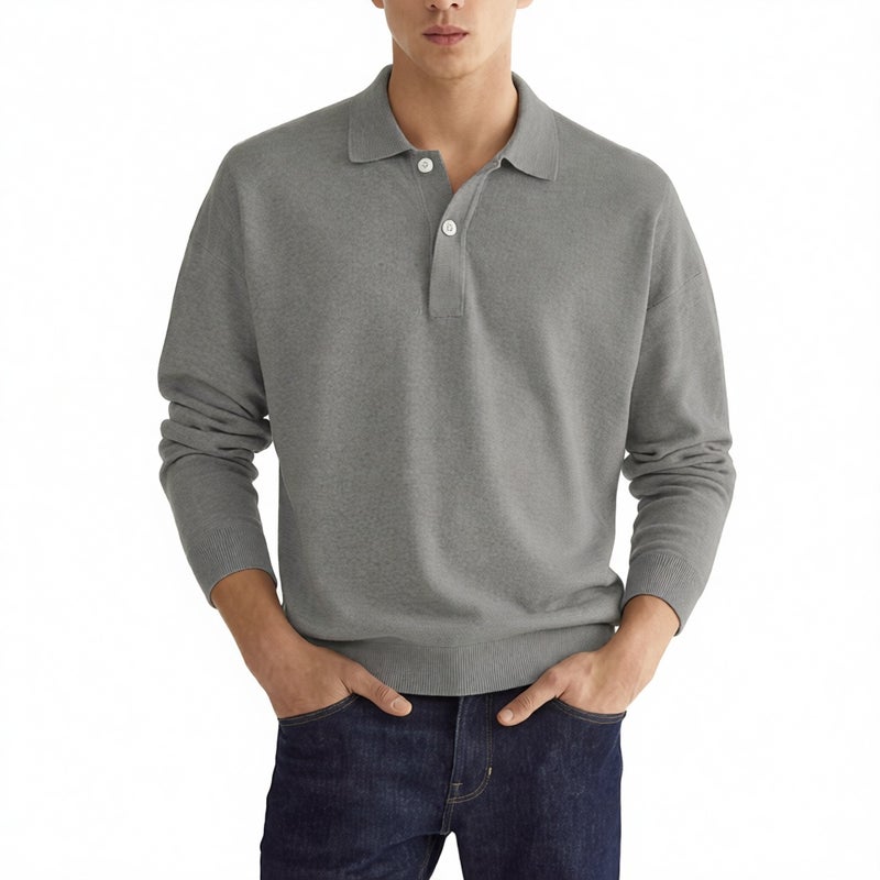 Men's Long Sleeve Polo Shirt with Buttoned Collar Casual Top - Image 3
