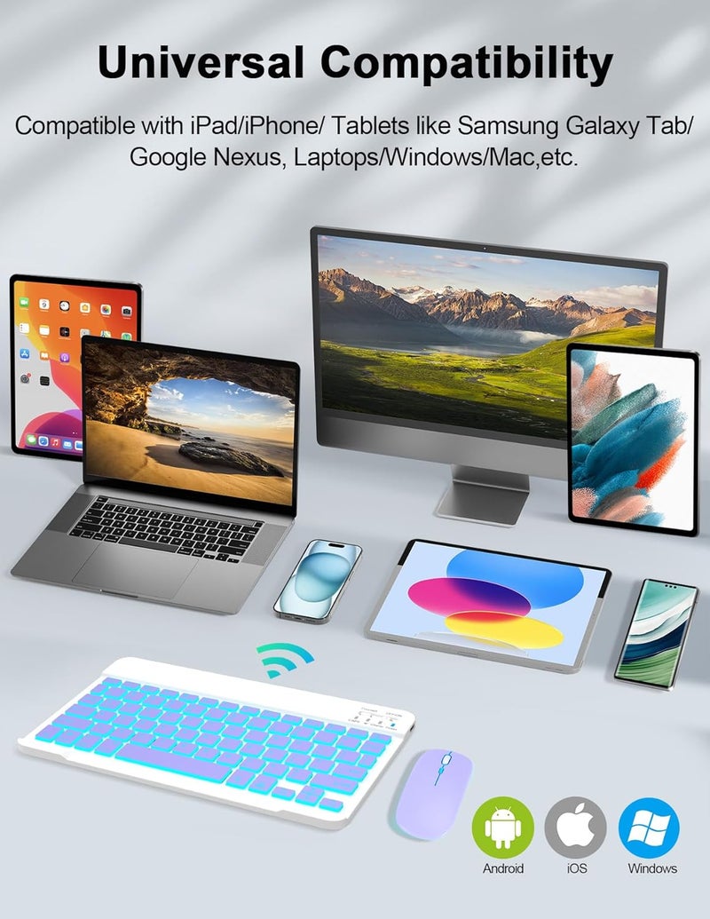 Nsyee Backlit Bluetooth Keyboard and Mouse, Universal Compact Wireless Keyboard, Rechargeable Portable Keyboards for iPad/Samsung/Tablet/iOS/Android/Windows, UK Layout - Image 2