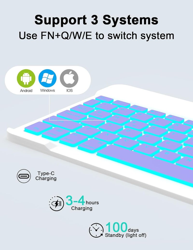 Nsyee Backlit Bluetooth Keyboard and Mouse, Universal Compact Wireless Keyboard, Rechargeable Portable Keyboards for iPad/Samsung/Tablet/iOS/Android/Windows, UK Layout - Image 5