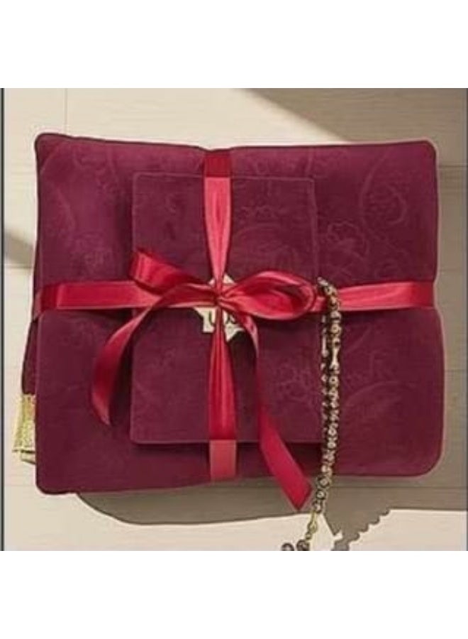 Royal Luxury Prayer Set (Burgundy) - Medical Padded Velvet Rug (2cm), Suede-Bound Quran & Crystal Misbaha.