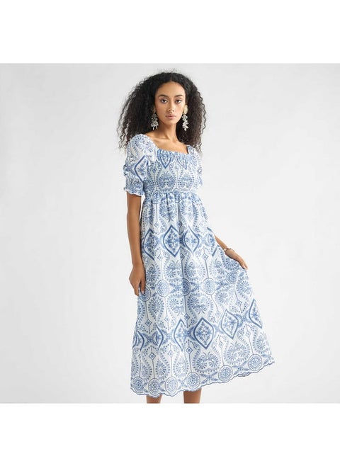 Embroidered A-Line Midi Dress with Shirred Detail and Short Sleeves