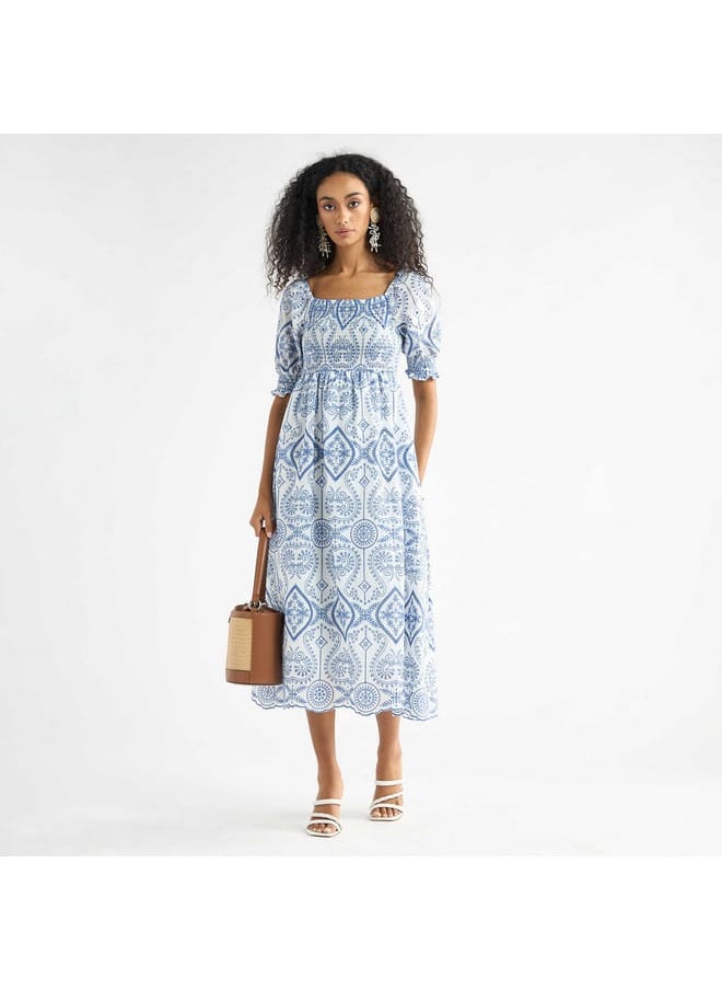 FAV Embroidered A-Line Midi Dress with Shirred Detail and Short Sleeves  - Image 2
