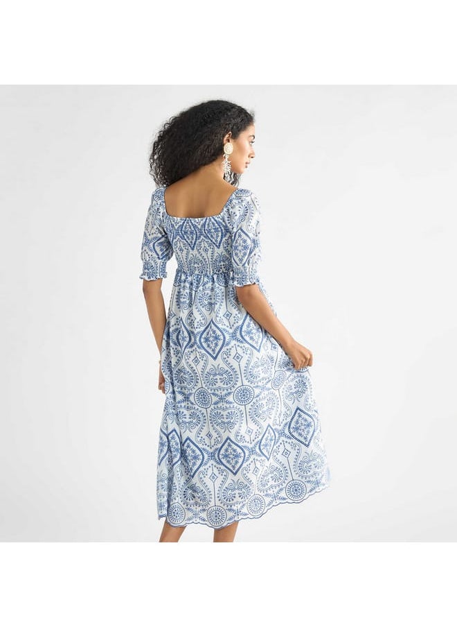 FAV Embroidered A-Line Midi Dress with Shirred Detail and Short Sleeves  - Image 3