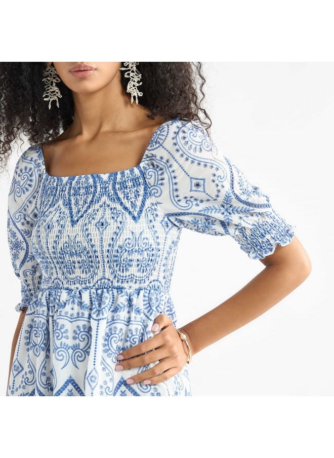 FAV Embroidered A-Line Midi Dress with Shirred Detail and Short Sleeves  - Image 4