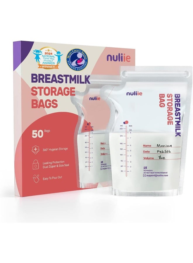 Nuliie 50 Pcs Breastmilk Storage Bags, 8 OZ Breast Milk Storing Bags, BPA Free, Milk Storage Bags with Pour Spout for Breastfeeding, Self-Standing Bag, Space Saving Flat Profile - Image 1