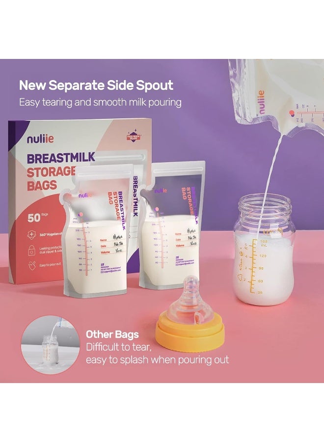 Nuliie 50 Pcs Breastmilk Storage Bags, 8 OZ Breast Milk Storing Bags, BPA Free, Milk Storage Bags with Pour Spout for Breastfeeding, Self-Standing Bag, Space Saving Flat Profile - Image 3