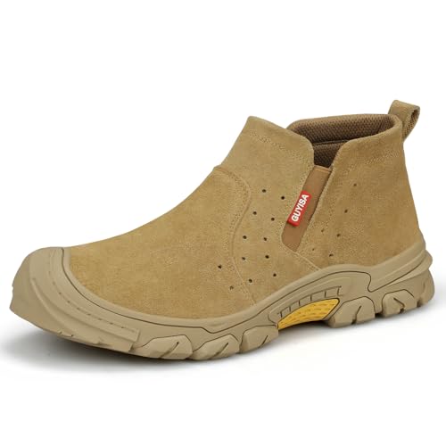 GLANOUDUN Work Boots for Men Slip on Welding Steel Toe Boots Indestructible Steel Toe Shoes for Men Comfortable Men's Work Shoes Anti Smashing Construction Safety Footwear Brown - Image 1