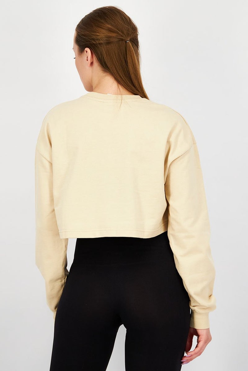 XOXO Women Sportswear Fit Plain Cropped Sweatshirt, Beige and Tan - Image 4