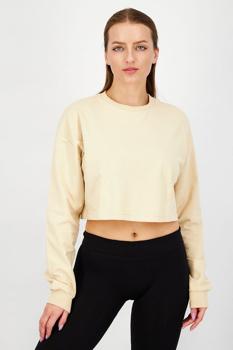 XOXO Women Sportswear Fit Plain Cropped Sweatshirt, Beige and Tan - Image 1