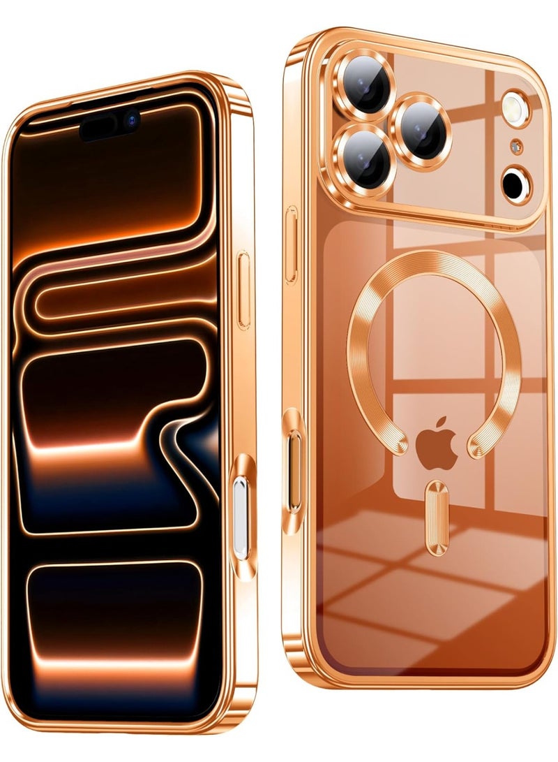 ICARLUS Slim Thin for iPhone 17 Pro Max Case Clear Compatible with MagSafe Built-in Camera Lens Protector Shockproof Protective Phone Case Soft Electroplated Magnetic Cover Orange - Image 1