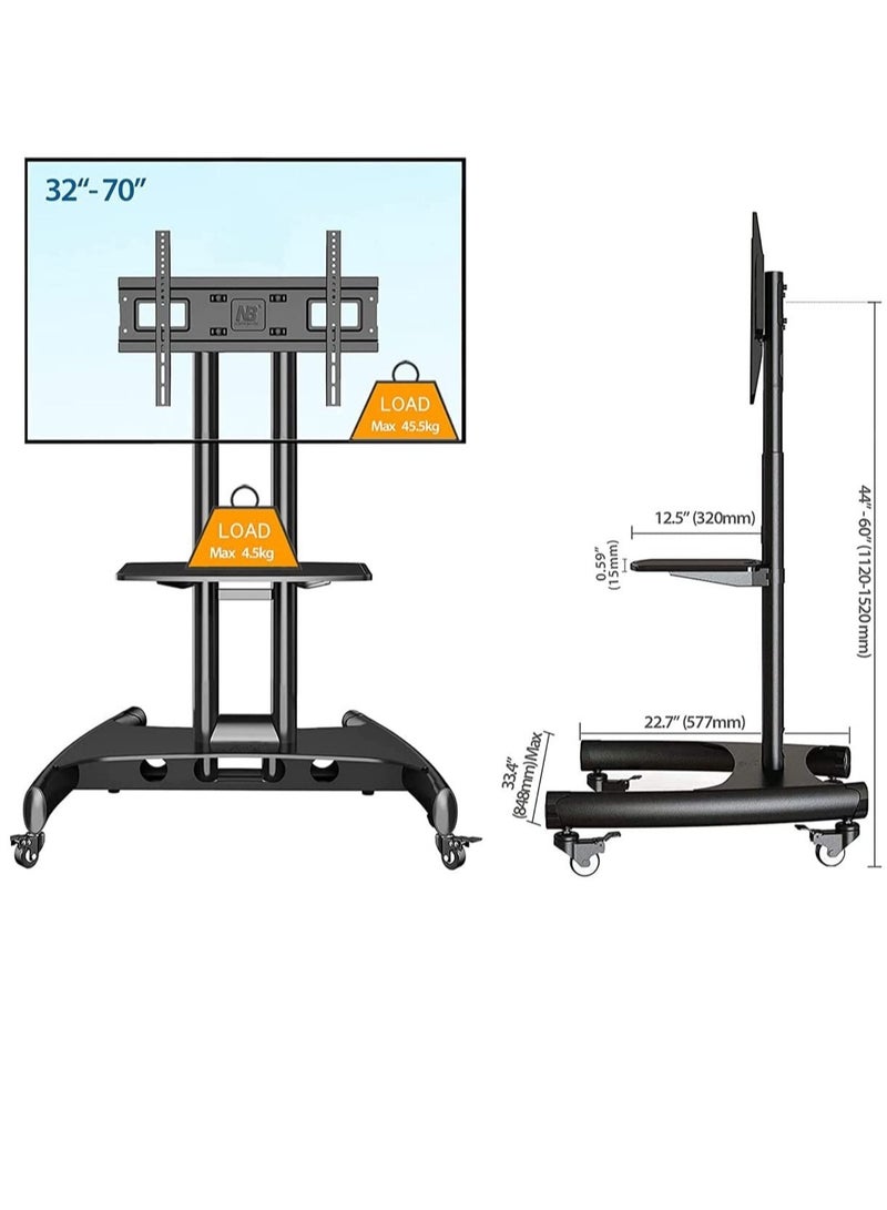 Mobile TV Cart TV Stand with Lockable Wheels for 32 to 70" Inch Plasma LCD LED Flat or Curved Screen TVs up to 100lbs - Height Adjustable (32-70 inch) - Image 3