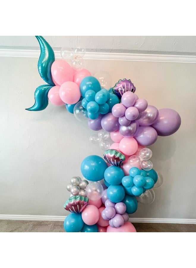بيابيان طقم قوس بالونات حورية البحر، بالونات لاتكس شفافة باللون الوردي الفاتح والأرجواني والأزرق المخضر والذهبي، بالونات من رقائق معدنية على شكل ذيل حورية البحر على شكل نجمة صدفية للفتيات، زينة حفلات حورية البحر، لوازم حفلات أعياد الميلاد بموضوع المحيط - Image 5