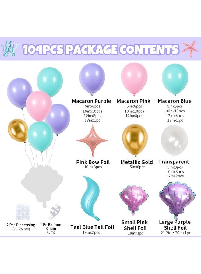 بيابيان طقم قوس بالونات حورية البحر، بالونات لاتكس شفافة باللون الوردي الفاتح والأرجواني والأزرق المخضر والذهبي، بالونات من رقائق معدنية على شكل ذيل حورية البحر على شكل نجمة صدفية للفتيات، زينة حفلات حورية البحر، لوازم حفلات أعياد الميلاد بموضوع المحيط - Image 2