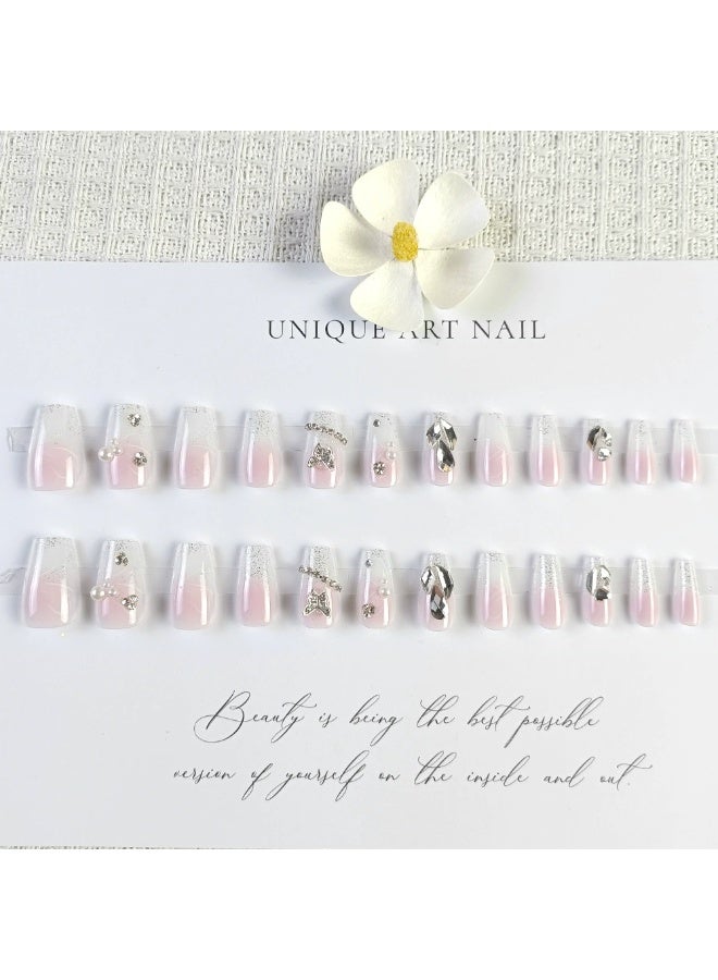 Goolsky أظافر صناعية مضغوطة يدوية لصيف الربيع - تصميم عين القط مع أحجار الراين متوسطة الطول 24 قطعة قابلة لإعادة الاستخدام - Image 4