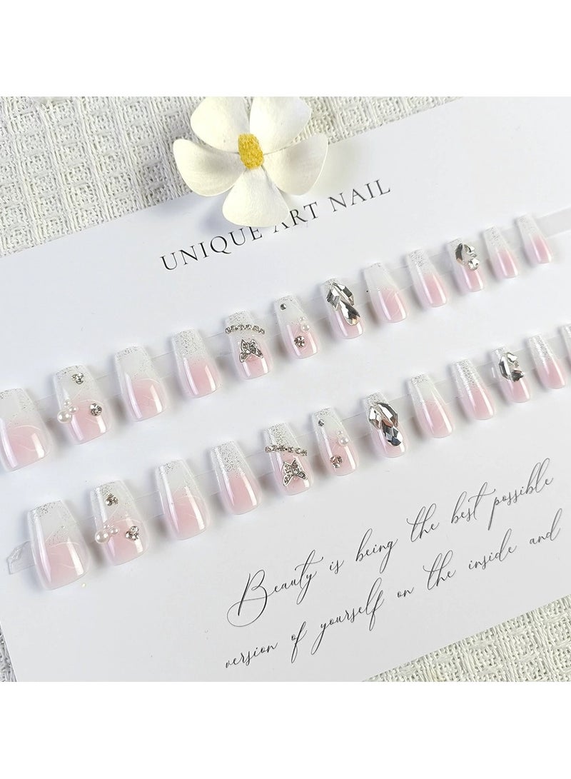 Goolsky أظافر صناعية مضغوطة يدوية لصيف الربيع - تصميم عين القط مع أحجار الراين متوسطة الطول 24 قطعة قابلة لإعادة الاستخدام - Image 2