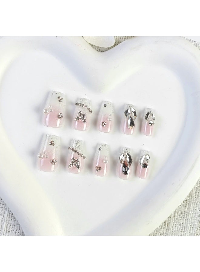 Goolsky أظافر صناعية مضغوطة يدوية لصيف الربيع - تصميم عين القط مع أحجار الراين متوسطة الطول 24 قطعة قابلة لإعادة الاستخدام - Image 1