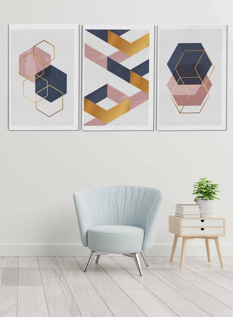 LOWHA Set Of 3 Framed Canvas Wall Arts Stretched Over Wooden Frame Overlapping Geometric Shapes Abstract Paintings For Home Living Room Office Decor - Image 1