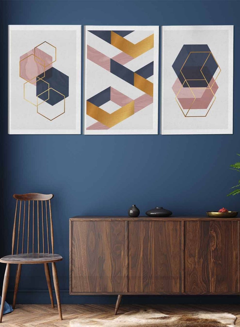 LOWHA Set Of 3 Framed Canvas Wall Arts Stretched Over Wooden Frame Overlapping Geometric Shapes Abstract Paintings For Home Living Room Office Decor - Image 2