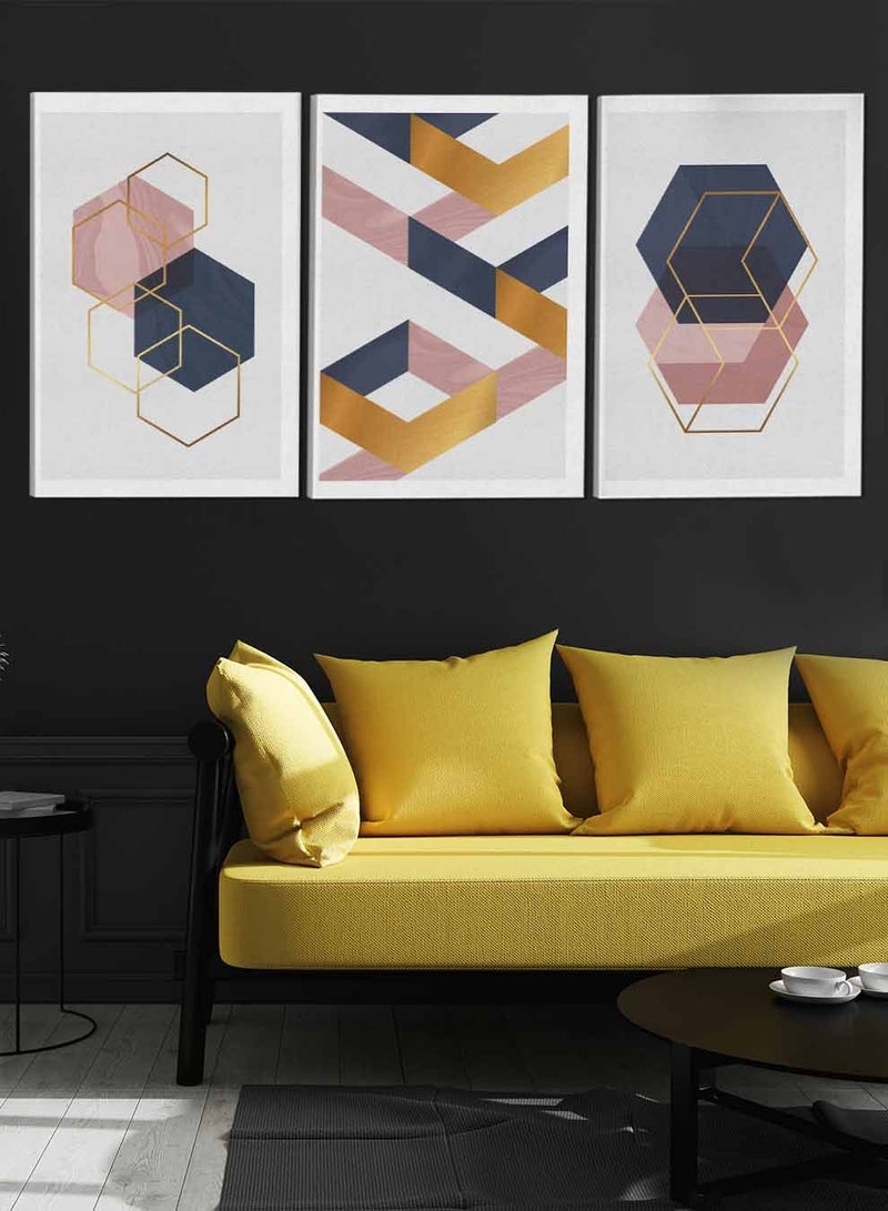 LOWHA Set Of 3 Framed Canvas Wall Arts Stretched Over Wooden Frame Overlapping Geometric Shapes Abstract Paintings For Home Living Room Office Decor - Image 3