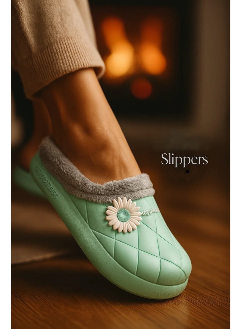 HAPPINESS Winter Home Slippers with Faux Fur & Elegant Flower - Size 27-28 - Image 1