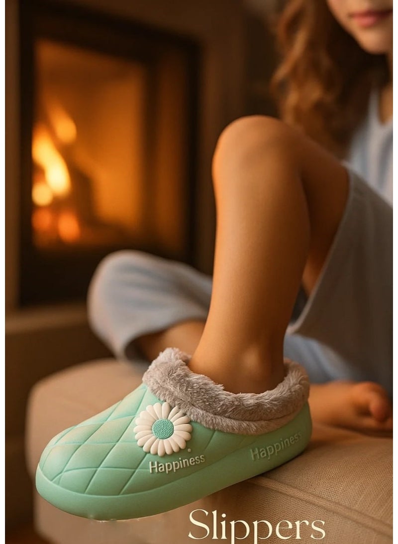 HAPPINESS Winter Home Slippers with Faux Fur & Elegant Flower - Size 27-28 - Image 2