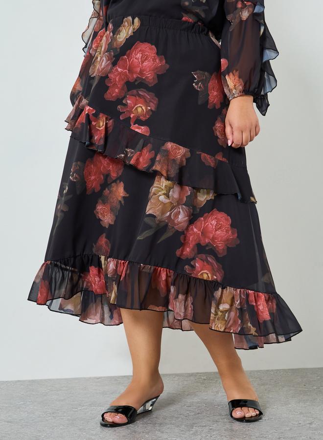 Styli Plus Size Floral Print Ruffled Midi Skirt - Image 2