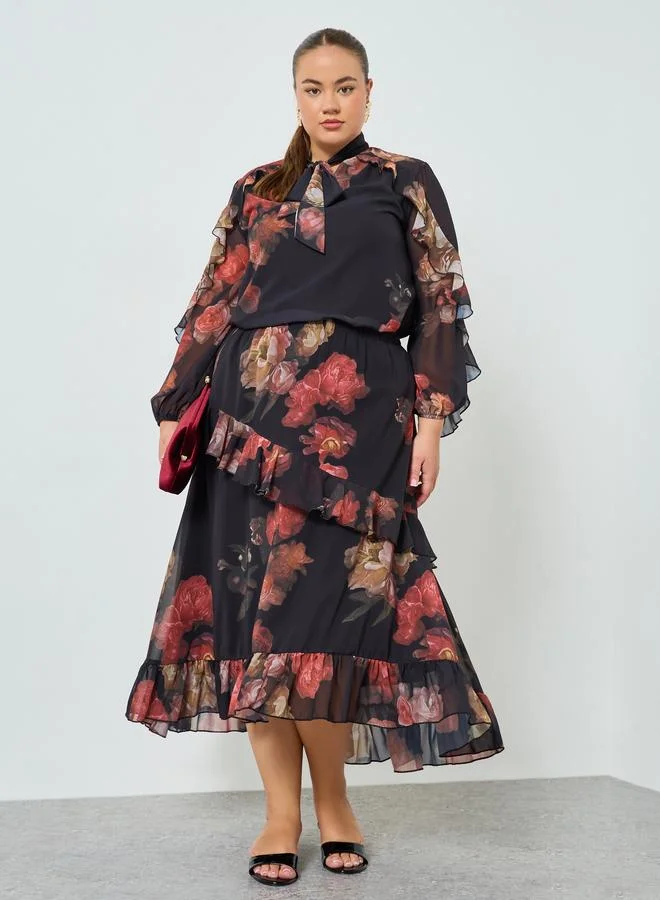Plus Size Floral Print Ruffled Midi Skirt