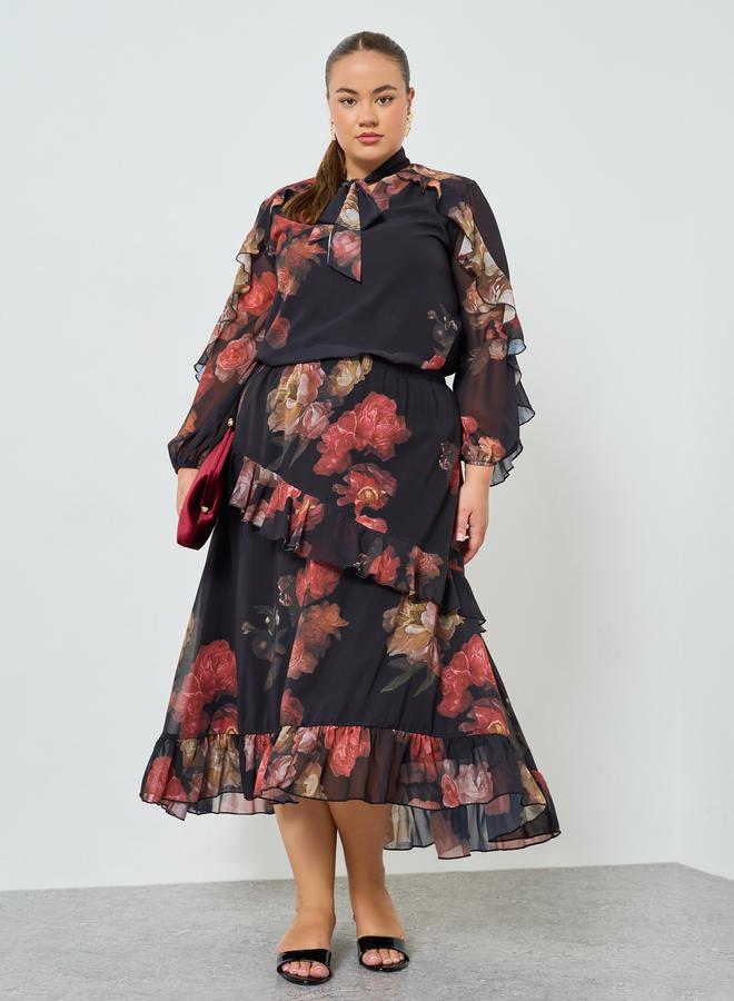 Styli Plus Size Floral Print Ruffled Midi Skirt - Image 1