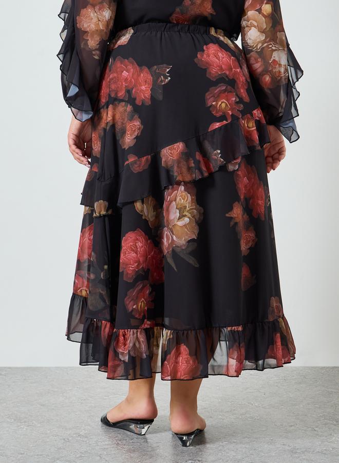 Styli Plus Size Floral Print Ruffled Midi Skirt - Image 4