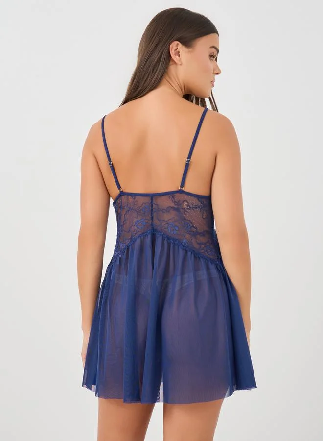 Take Two Take Two Lace Mesh Double Slit Asymmetrical Hem Babydoll