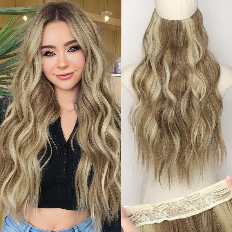KooKaStyle Invisible Wire Hair Extensions with Transparent Headband Adjustable Size 4 Secure Clips Long Wavy Secret Wire Synthetic Hairpiece 20 Inch for Women(10H24#Dirty Blonde Mixed Bleach Blonde) - Image 1