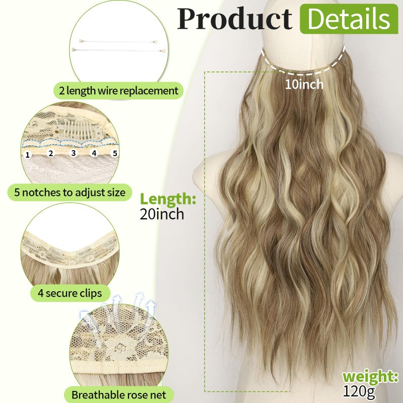 KooKaStyle Invisible Wire Hair Extensions with Transparent Headband Adjustable Size 4 Secure Clips Long Wavy Secret Wire Synthetic Hairpiece 20 Inch for Women(10H24#Dirty Blonde Mixed Bleach Blonde) - Image 2